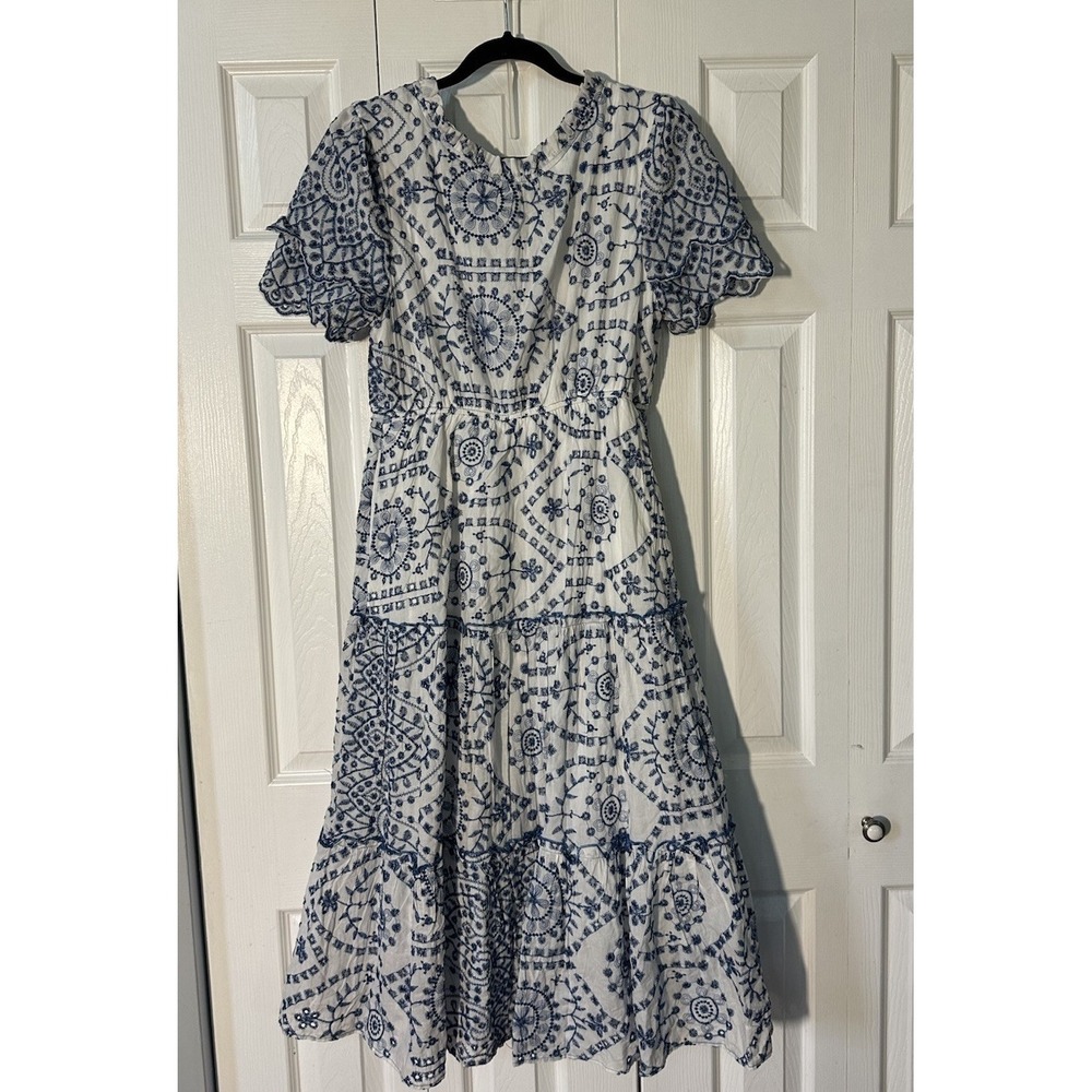 NWT Baltic Born Size L Dress Mirabel Eyelet Midi Blue White Embroidered Tiered - Picture 4 of 8